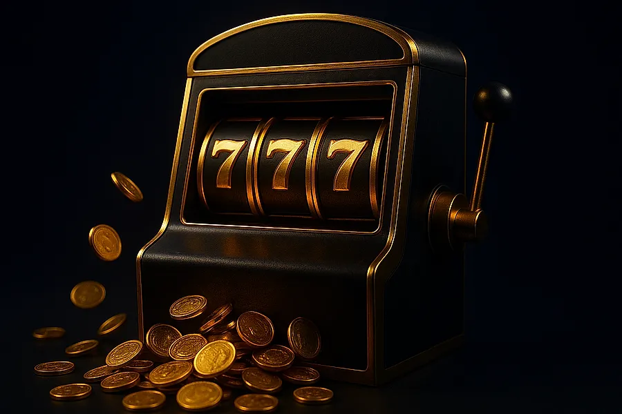 Glowing 777 slot machine and cascading gold coins on verified cricket ID
