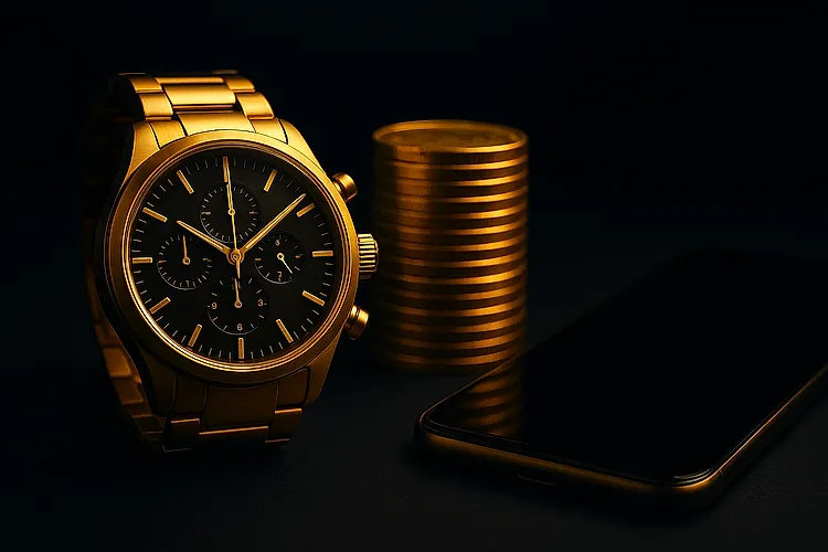UPI withdrawal transfer confirmation scene on phone with golden stopwatch