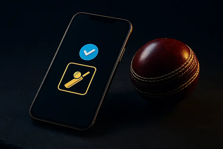Smartphone showing verified cricket betting ID chat on WhatsApp beside shield badge