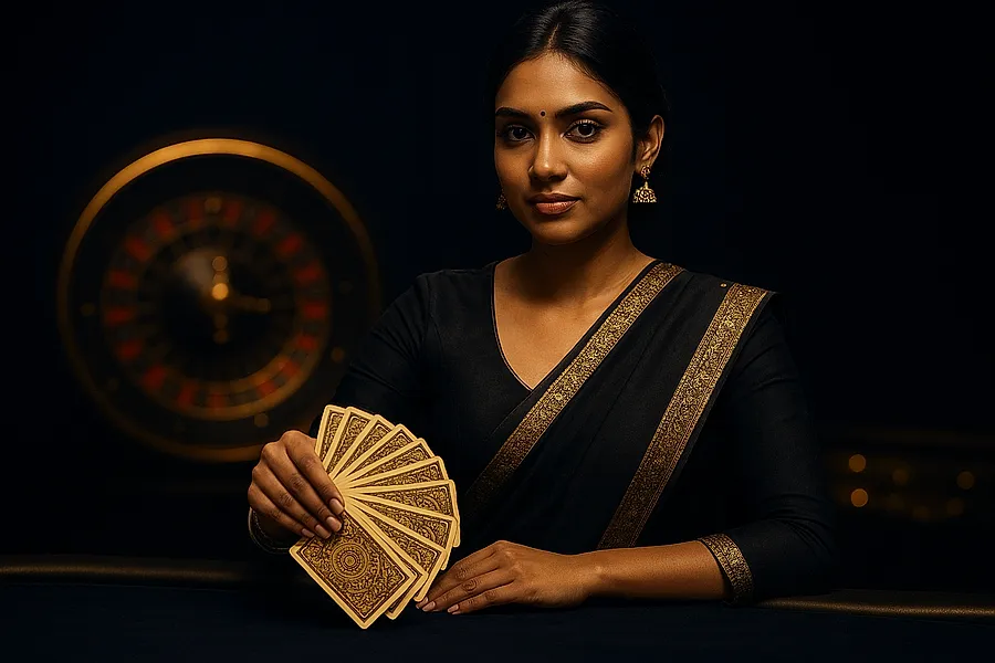 Live casino dealer fanning cards under warm gold studio light on cricketbettingid.net
