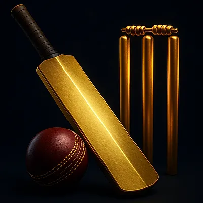 Gold cricket bat, ball and glowing stumps icon for verified cricket betting ID