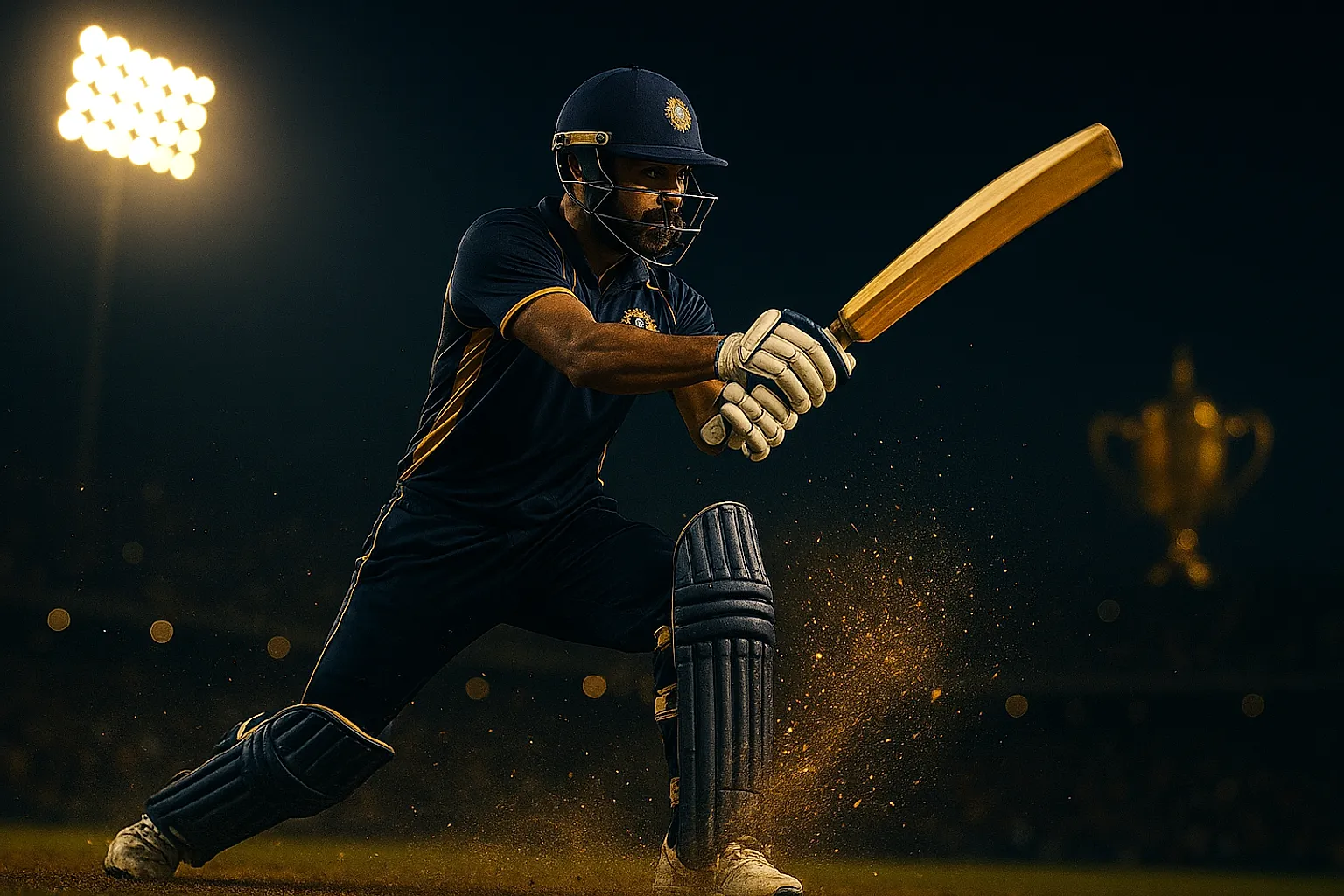 Indian batsman playing cover drive under stadium floodlights for verified cricket betting ID