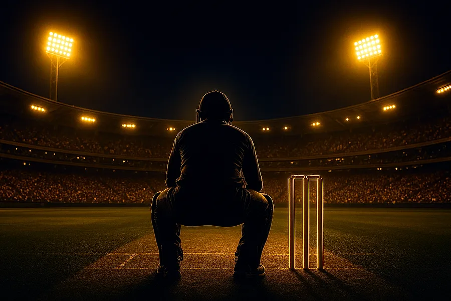 Night cricket stadium floodlights, pitch and wicketkeeper for verified cricket betting ID