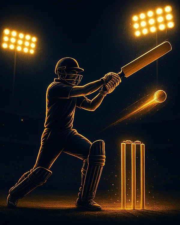 Live cricket match exchange tile with bowler and batsman under stadium lights