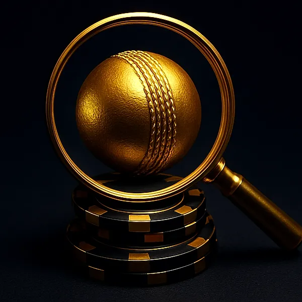 Golden 5-step verification checklist over a cricket ball and casino chips