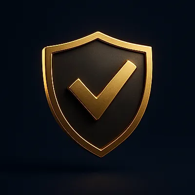 Flat 3D gold shield-check icon for hand-checked cricket betting ID providers