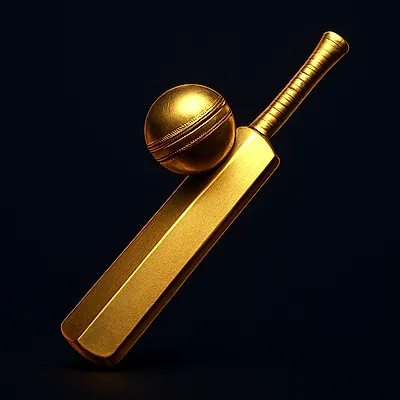 Flat 3D gold-on-dark cricket bat and ball icon for verified cricket platforms